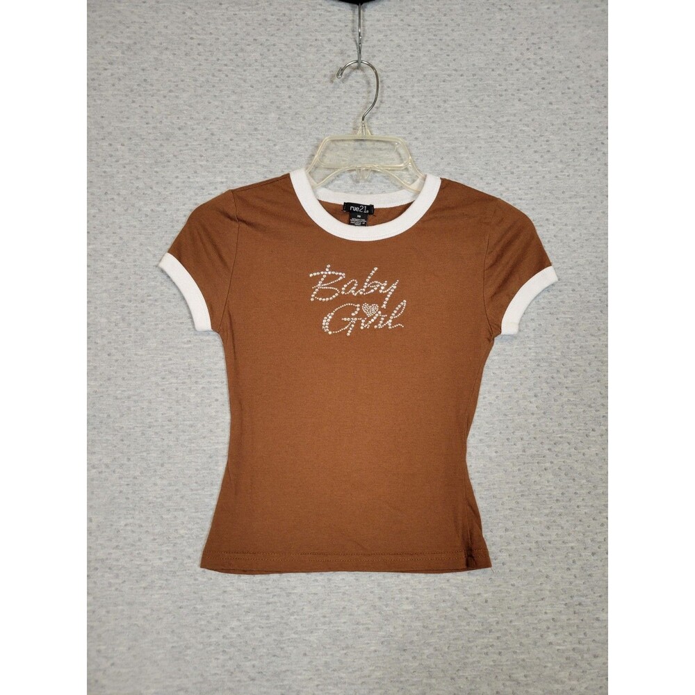 Rue 21 Ringer Baby Tee Juniors XS Baby Girl Rhinestone Slim Short Shirt Top